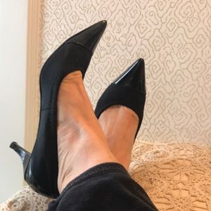 Kitten heels with fabric and patent by Bandolino